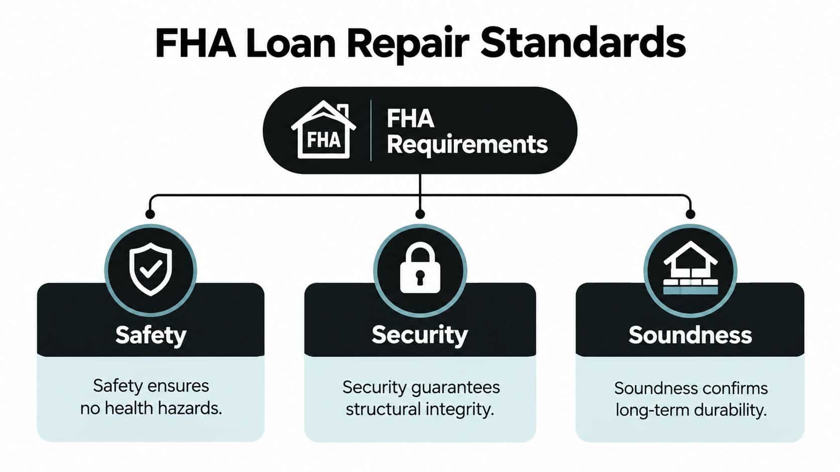 A diagram outlining the three primary FHA loan repair standards: safety, security, and structural soundness.