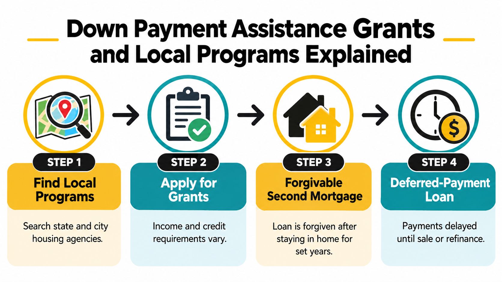 A flowchart explaining the four steps to obtaining down payment assistance grants for home buyers.