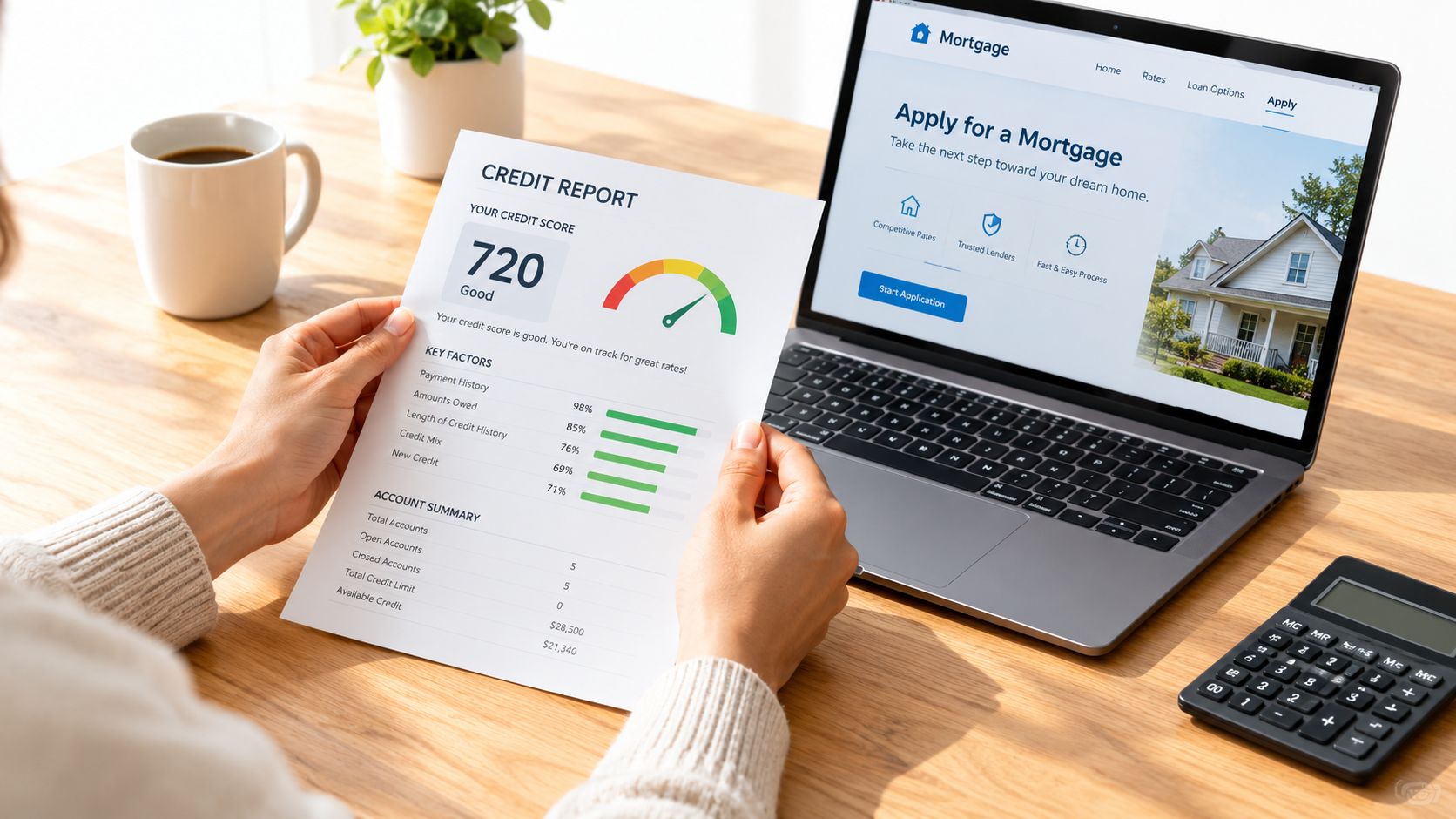 A person holding a credit report showing a score of 720 while sitting at a laptop.