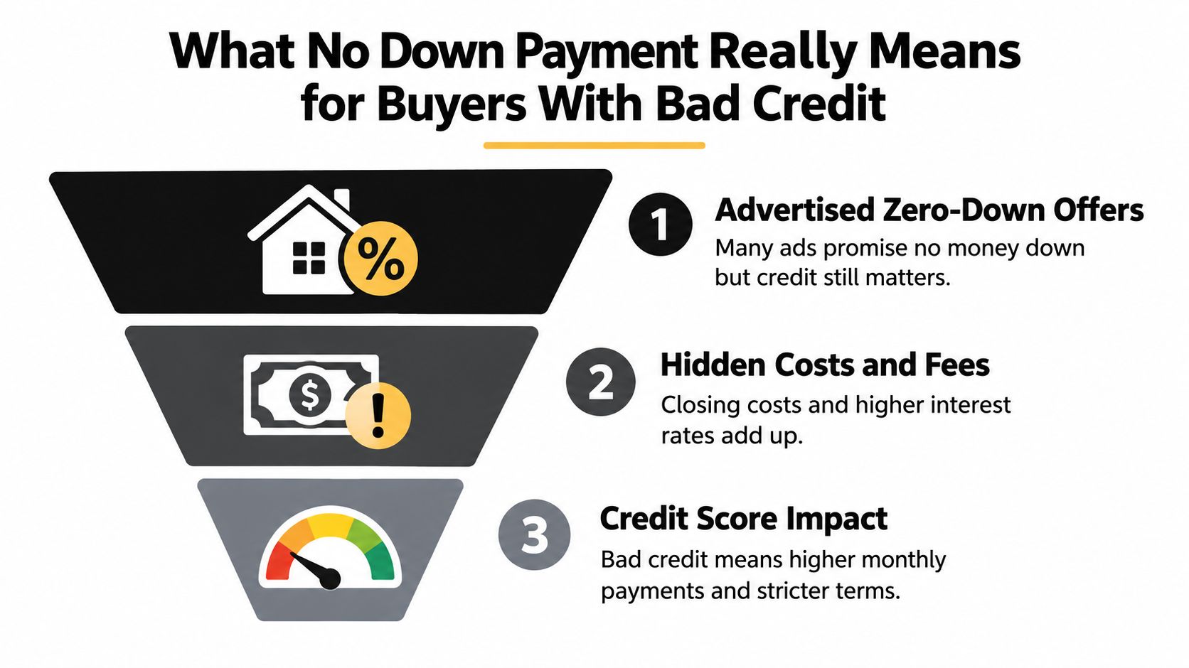 A funnel graphic illustrating the financial realities of no down payment home loans for bad credit buyers.