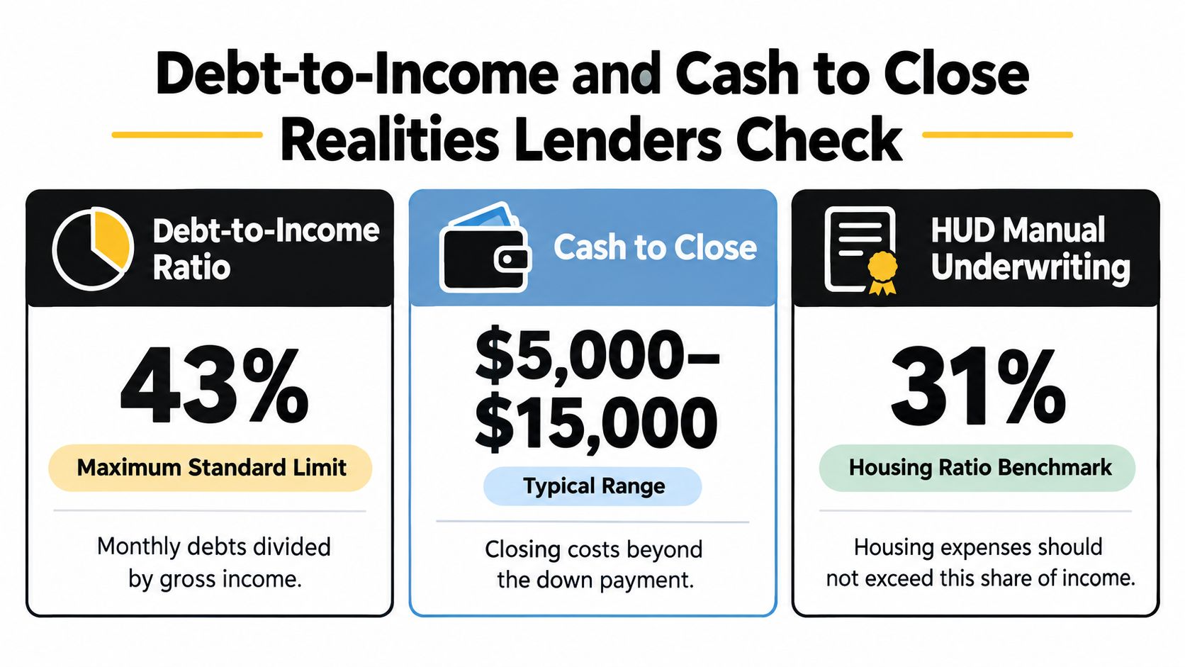A financial infographic detailing mortgage lending standards including debt-to-income ratios, typical closing costs, and HUD underwriting guidelines.