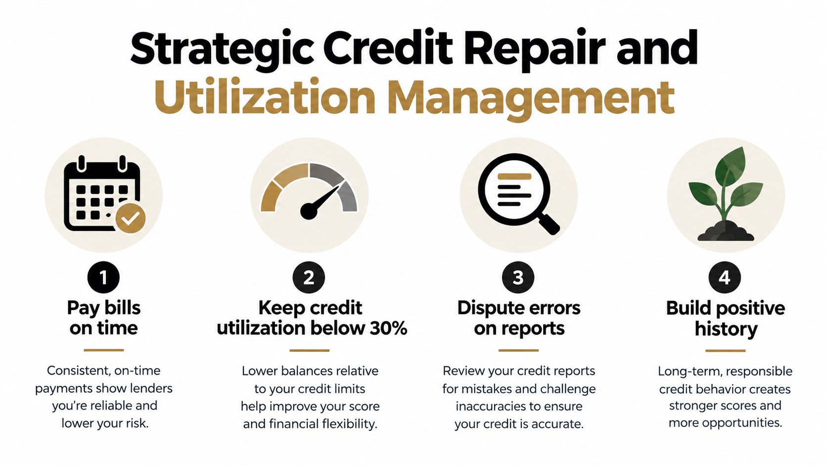 An infographic titled Strategic Credit Repair and Utilization Management showing four essential steps for improving credit scores.