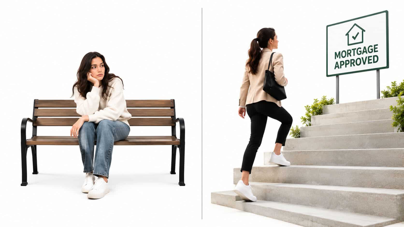 A split-screen comparison showing a woman sitting sadly on a bench versus walking confidently toward mortgage approval.