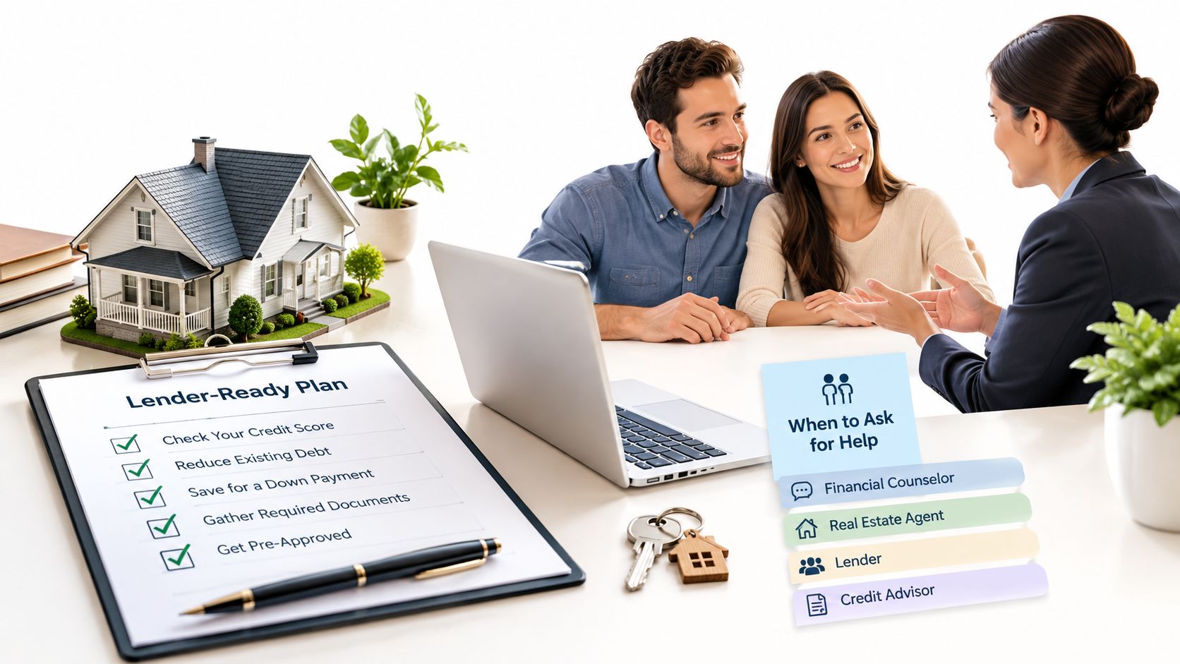 A couple discussing their home buying plan with a financial advisor at a desk with a model house.