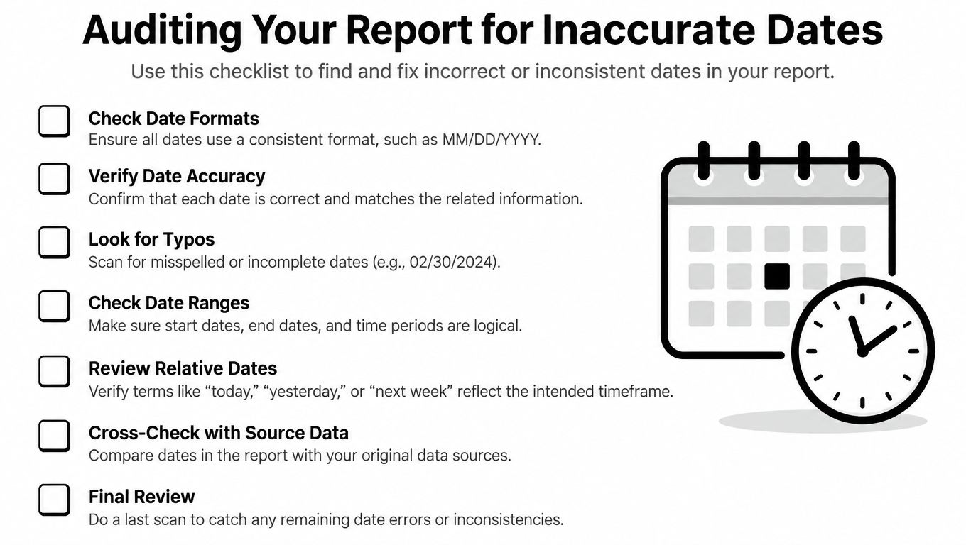 A checklist for auditing report dates including checking formats, accuracy, typos, ranges, relative dates, and source data.