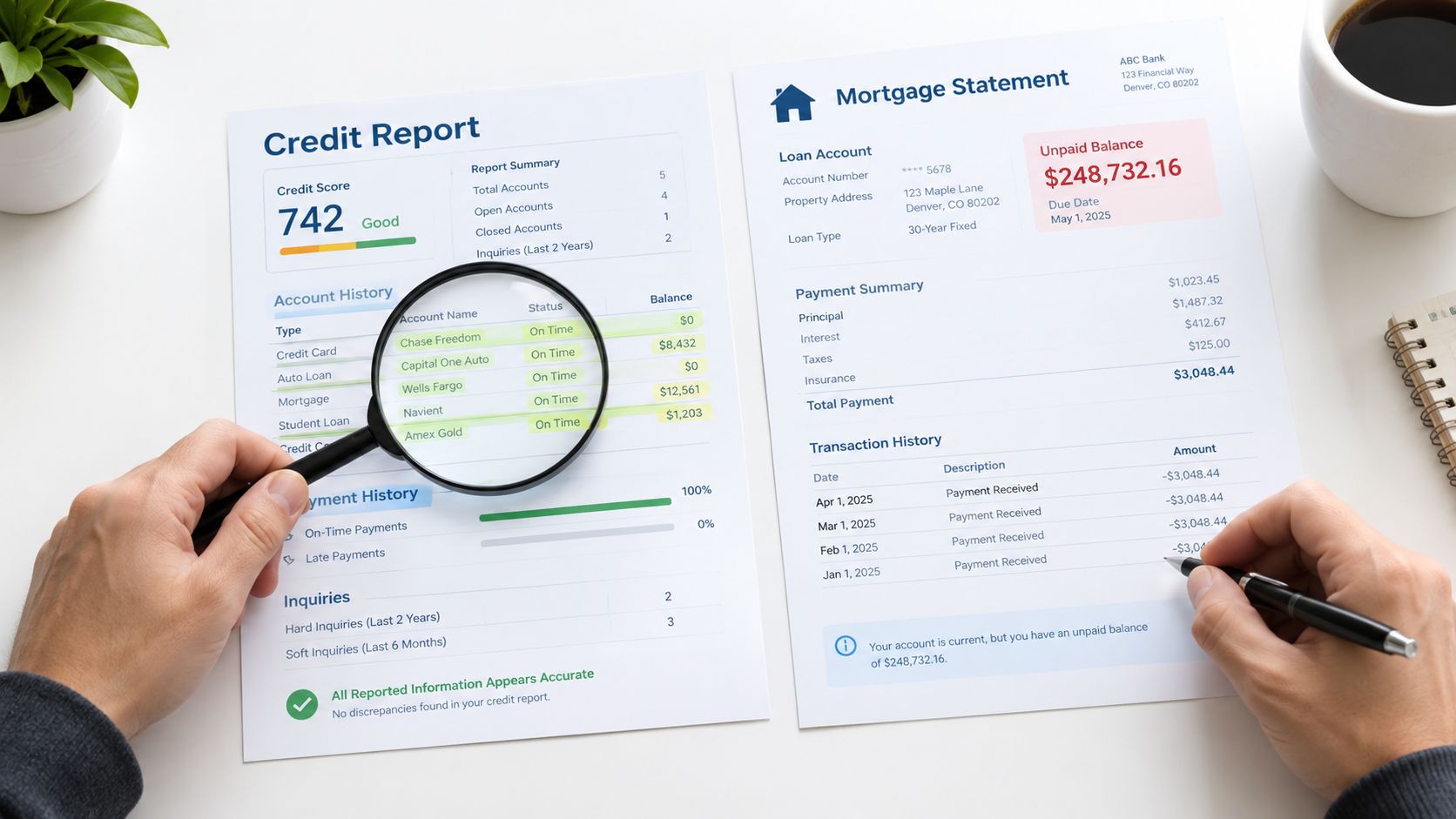 A person reviewing a credit report and mortgage statement document with a magnifying glass and pen.