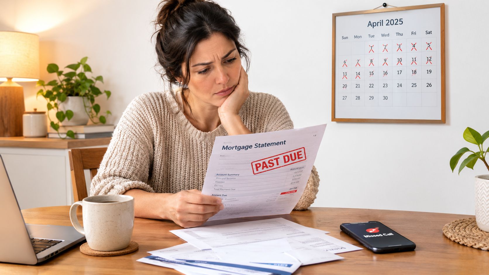 A worried woman sits at a wooden table looking at a past due mortgage statement bill.
