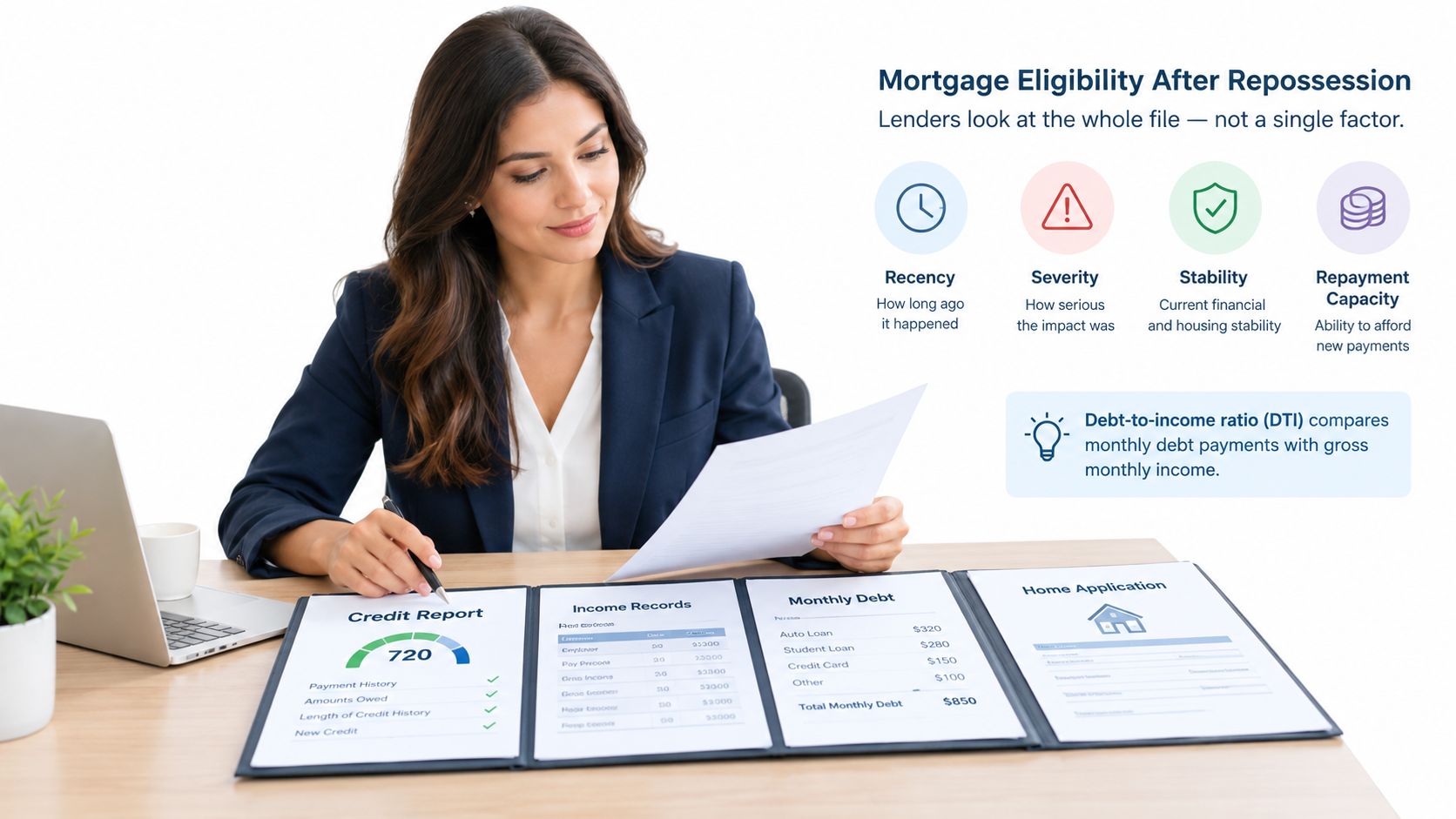 A professional woman reviewing mortgage documents and credit reports to evaluate home loan eligibility after repossession.
