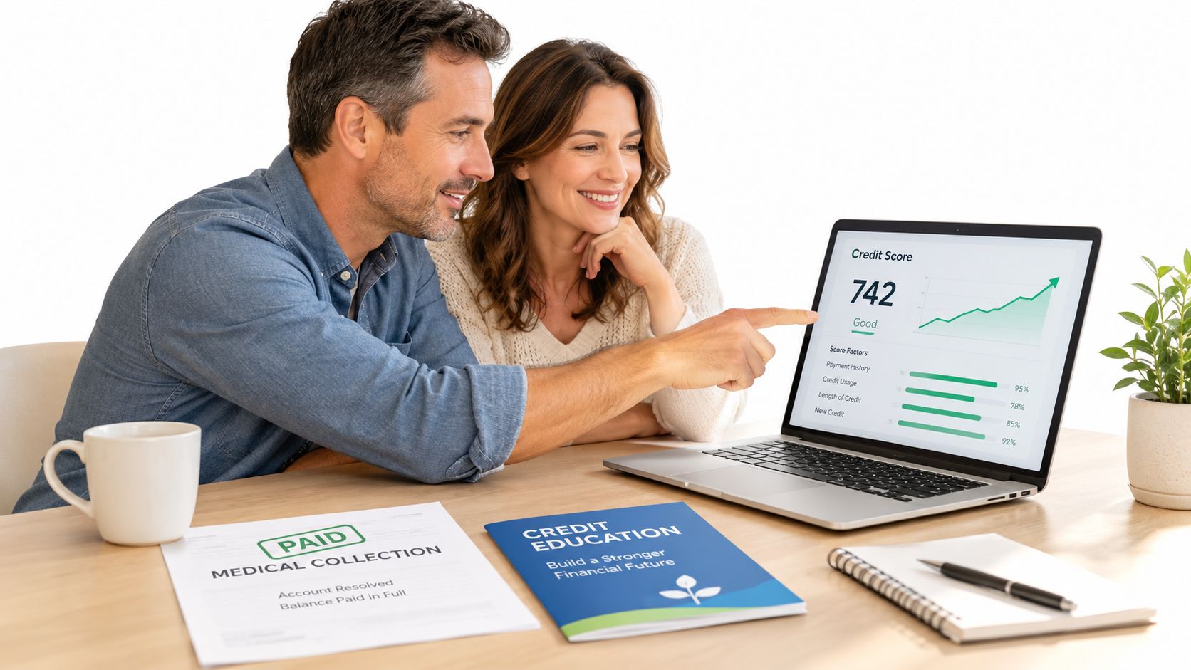 A happy couple looks at a laptop screen showing a high credit score while sitting at a table.