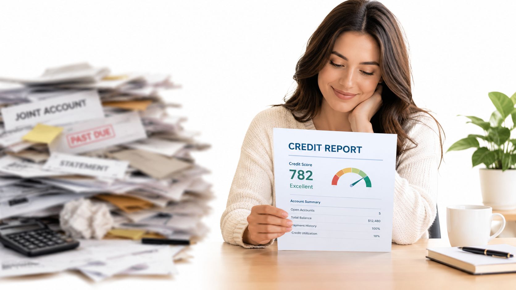 A woman smiling while holding a credit report showing an excellent score of 782 with debt documents nearby.