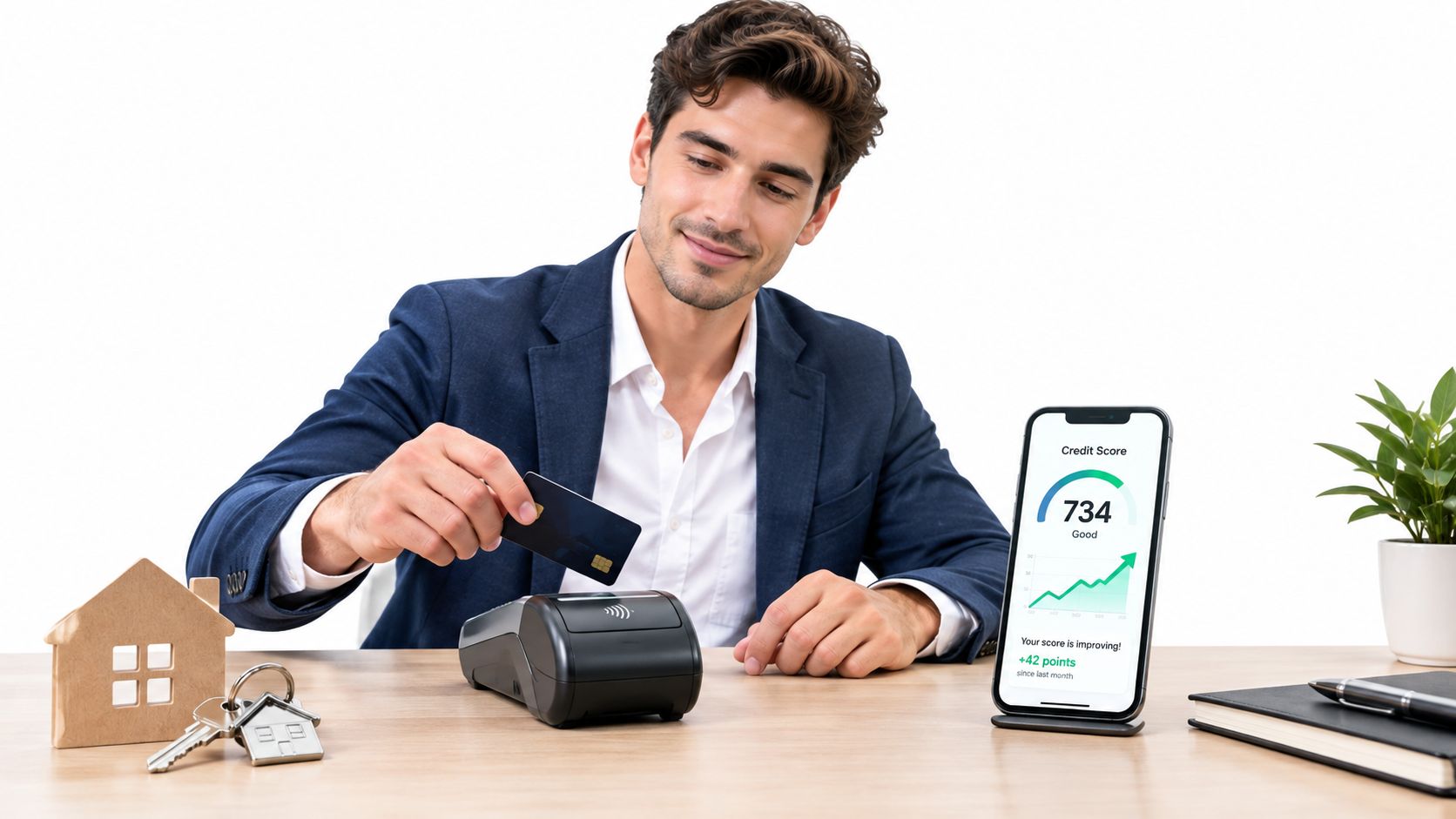 A man in a suit making a credit card payment next to a phone showing a high credit score.