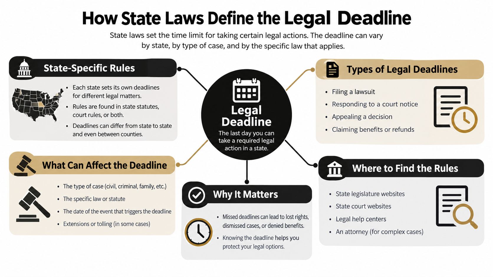 An infographic explaining how different state laws determine legal deadlines for various types of cases and actions.