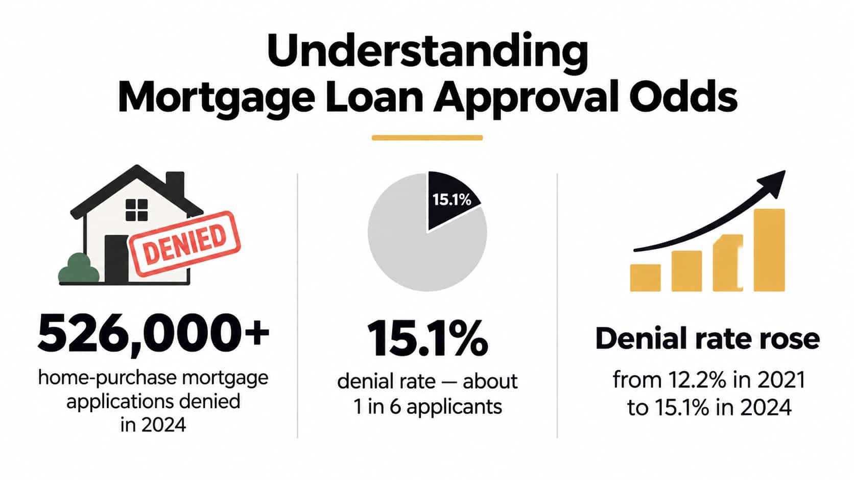 An infographic titled Understanding Mortgage Loan Approval Odds showing rising home-purchase mortgage application denial rates in 2024.