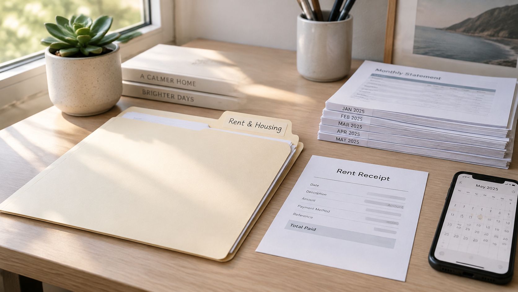 A workspace featuring a file folder, monthly statements, a rent receipt, and a smartphone on a desk.