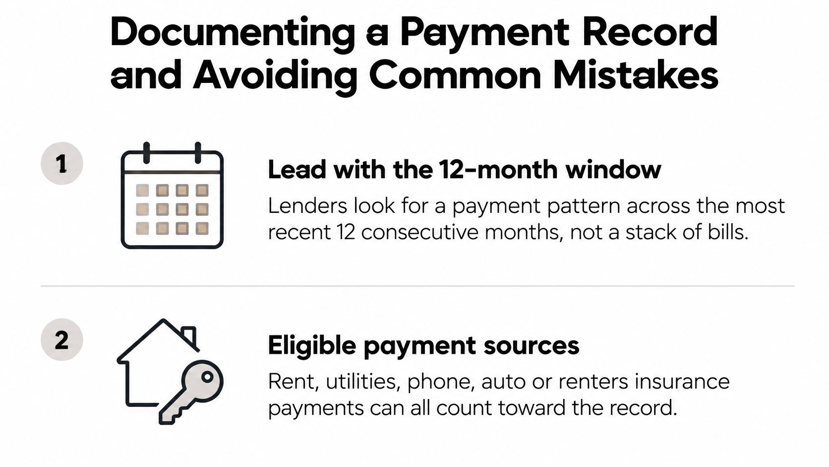 A guide listing steps for documenting payment history to build credit for a mortgage application.
