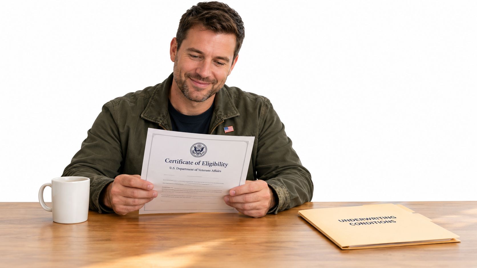 A man smiling while reading his official U.S. Department of Veterans Affairs Certificate of Eligibility document.