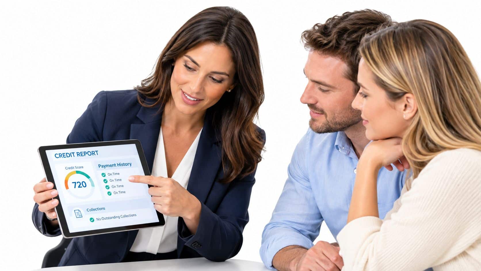 A financial advisor shows a credit report with a 720 score to a smiling couple in consultation.