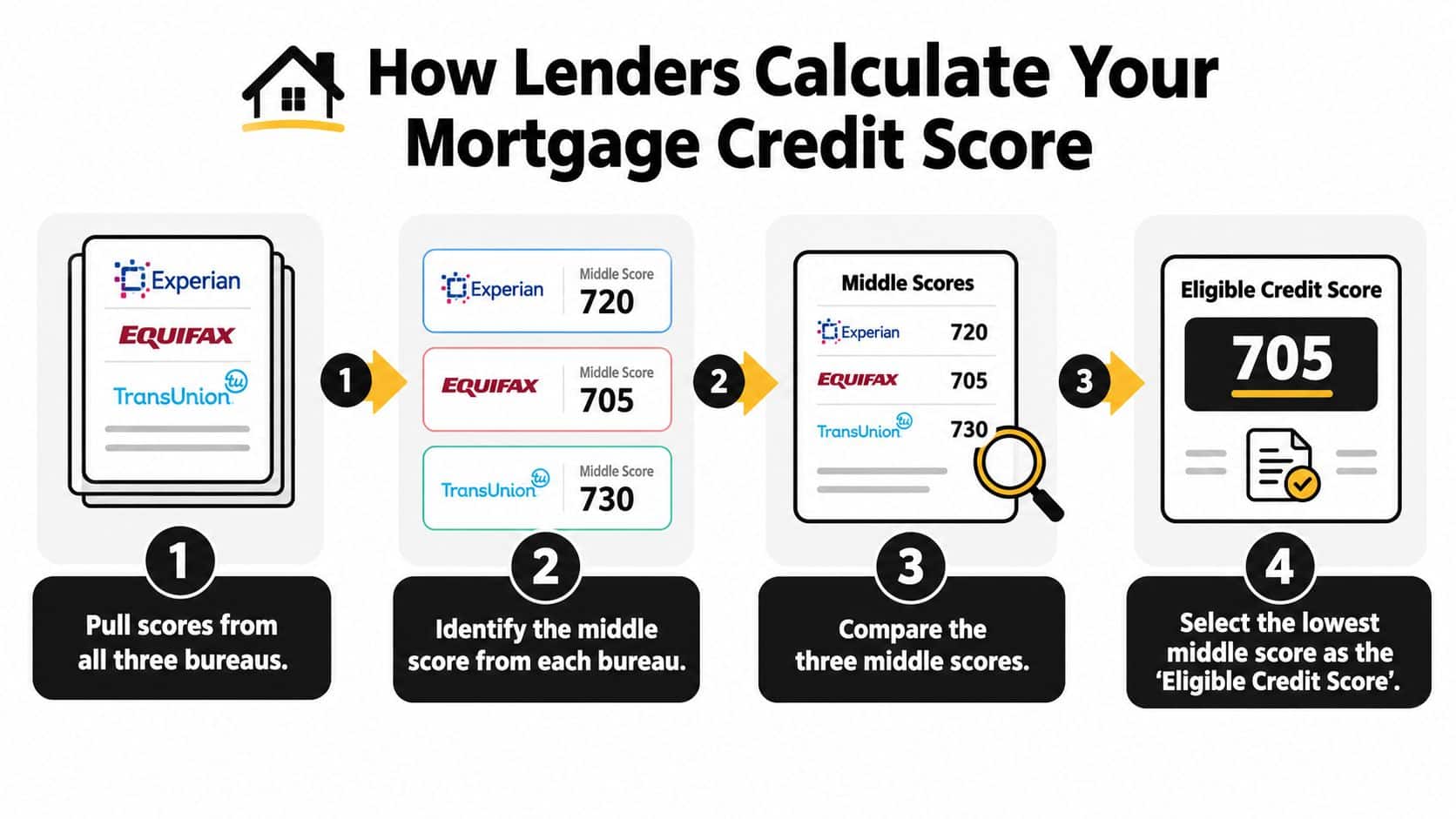 A diagram illustrating the four-step process lenders use to determine your eligible mortgage credit score.