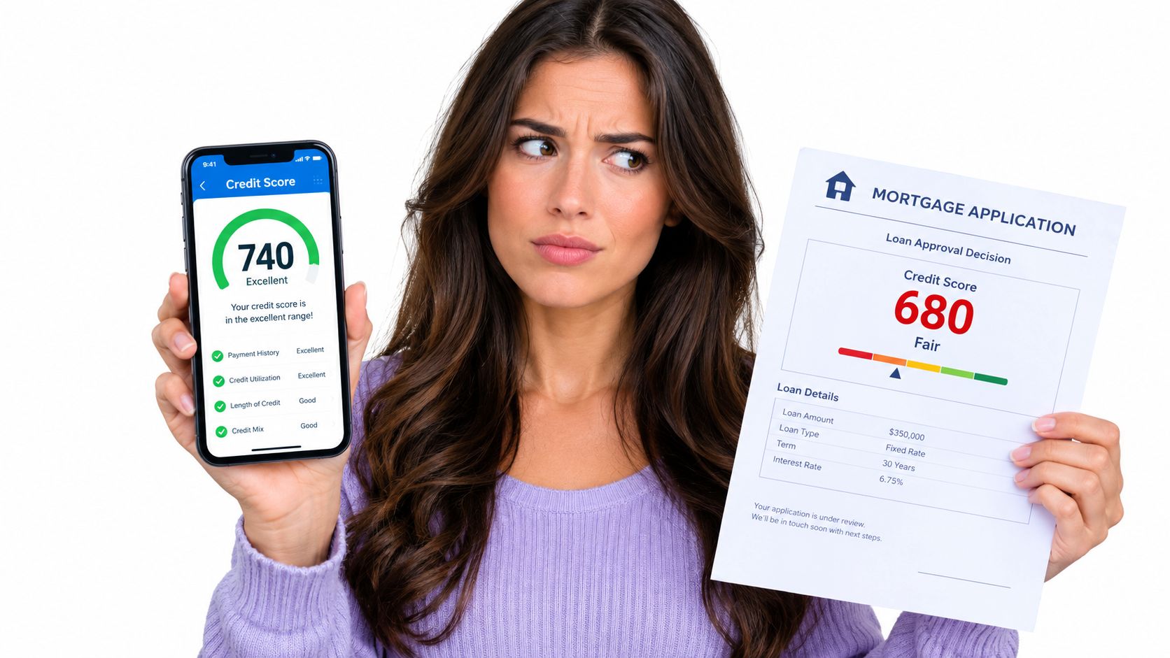 A woman looks confused while comparing her high mobile credit score to a lower mortgage application score.